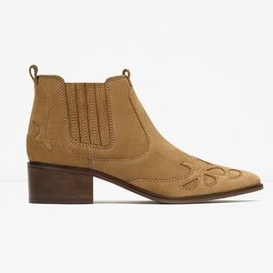 Zara Block Heel Leather Cowboy Ankle Boots Size 37